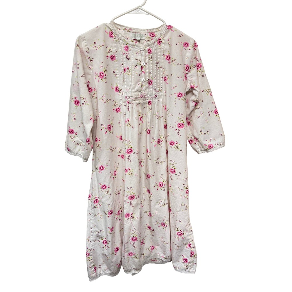 VIntage Girls White Pink Floral Rose Cotton Nightgown Victorian Style 10-12Y
